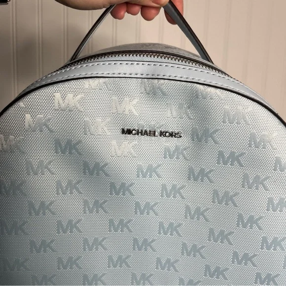 Michael Kors Sheila Large Woven Logo Nylon backpack Sky Blue Jacquard Laptop Bag - Picture 11 of 15